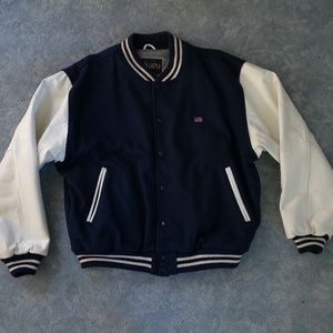 VARSITY JACKET with GENUINE LEATHER SLEEVE BASEBALL SHAPED FLAG SIZE XL